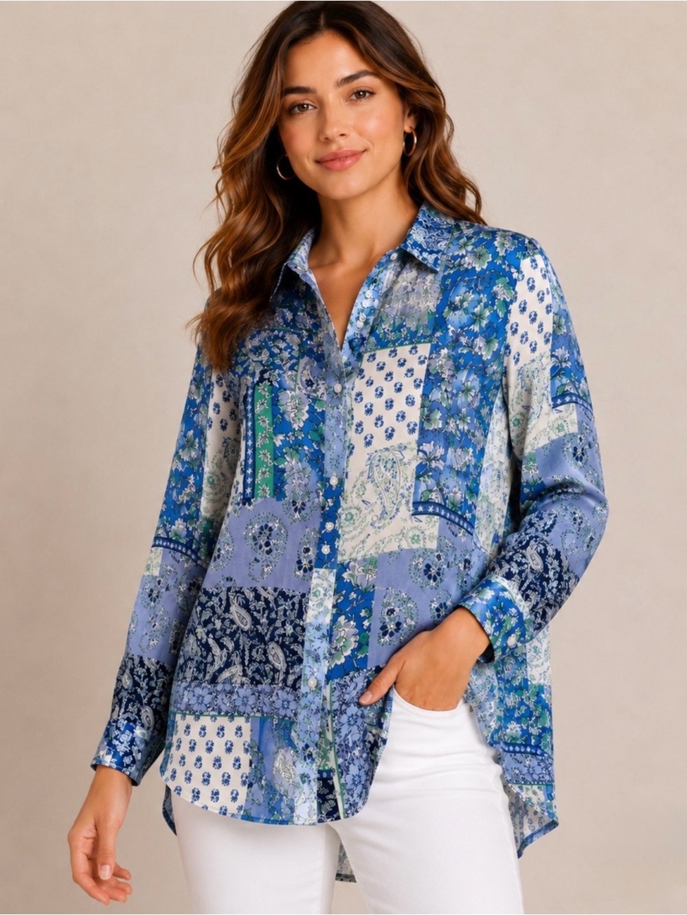 Patchwork Blue Floral Button-Down Blouse